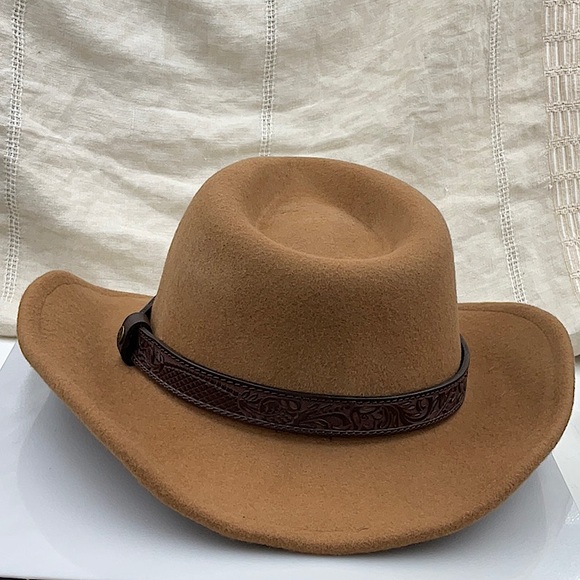 Lucky Brand 100% Wool Western Brown Leather Ranger Hat, Medium Beige - Picture 3 of 10